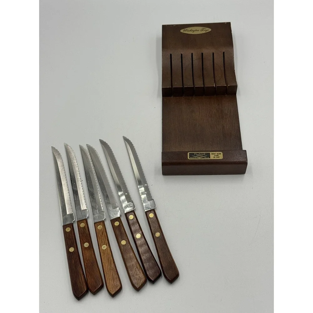 Washington Forge Vintage Stainless Steel 6 Piece Knife Set W/ Wooden Block Hang